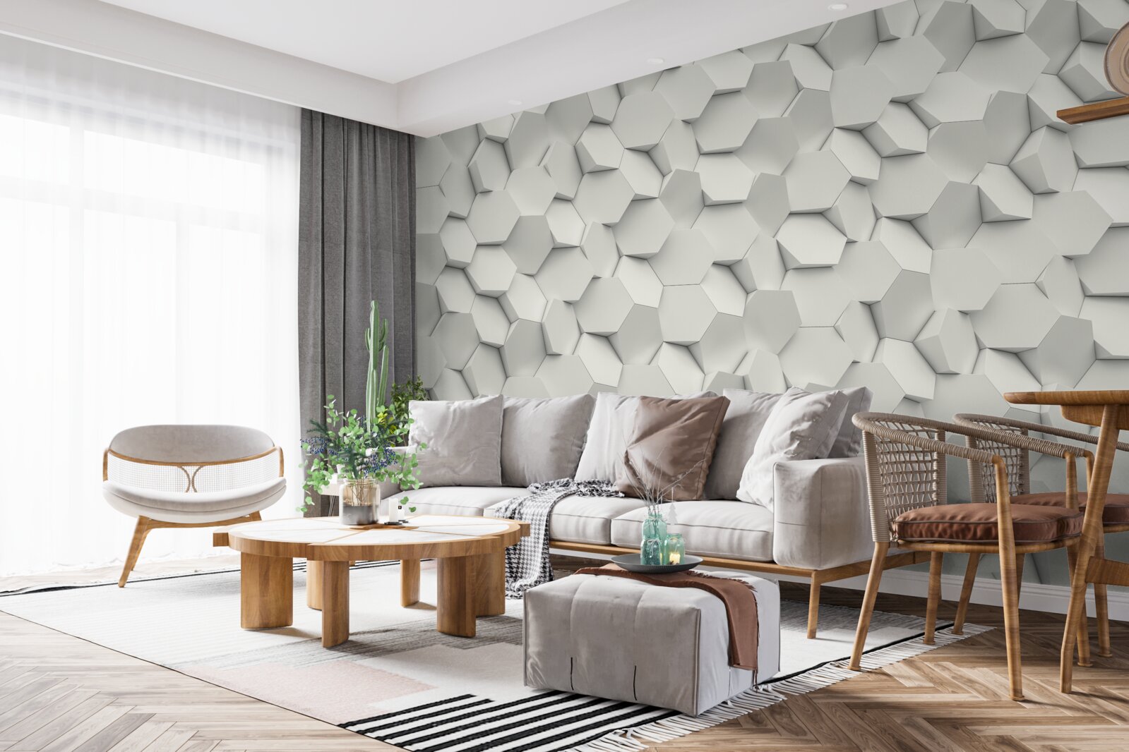 Papier peint hexagones blancs et gris avec volume