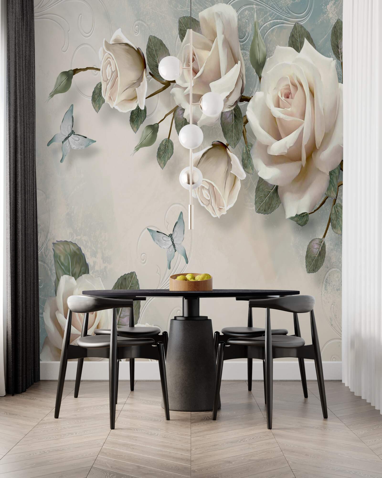 Papier peint branches d'un grand rosier crème