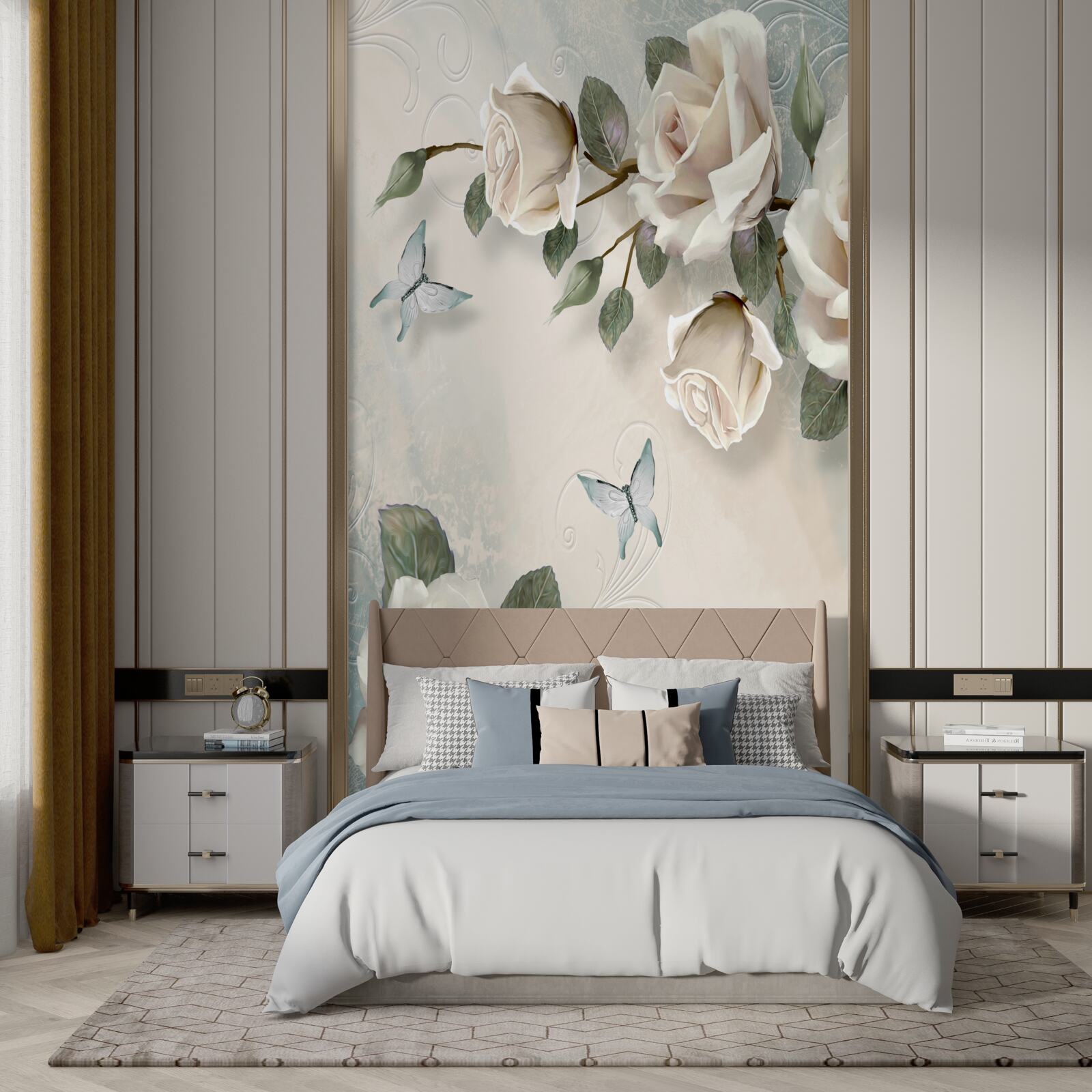 Papier peint branches d'un grand rosier crème