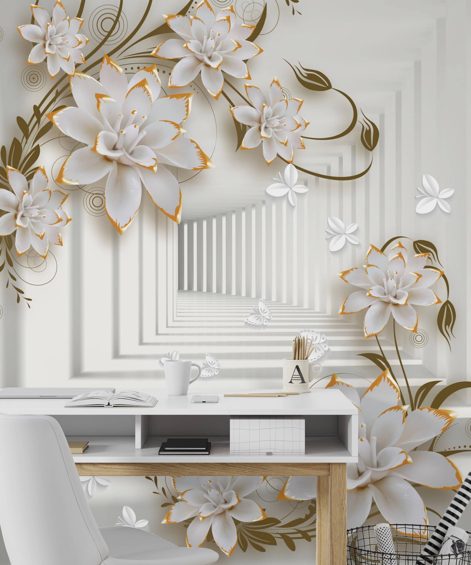 Papier peint un couloir envahi de fleurs de lotus s'étend au loin