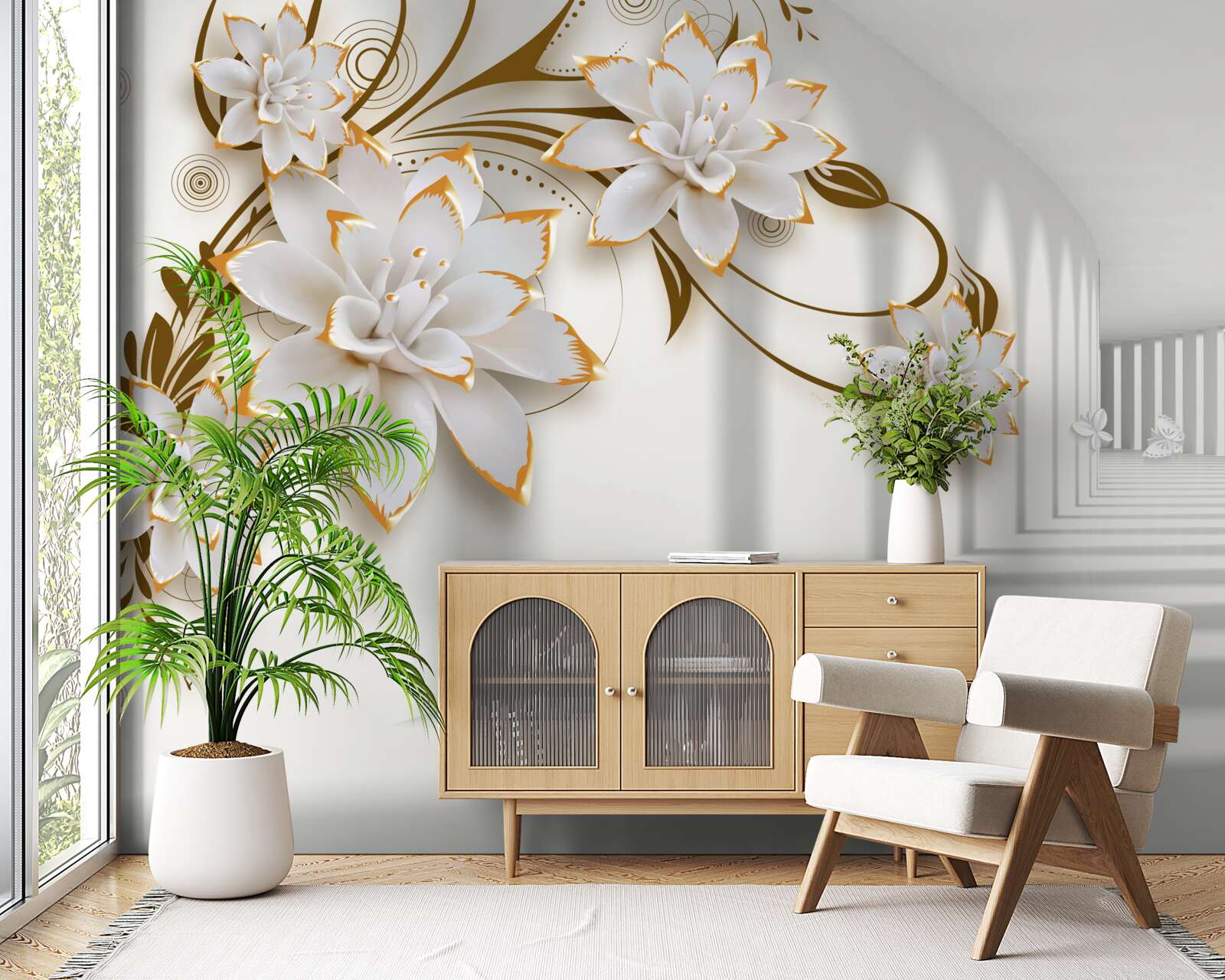 Papier peint lotus blancs sur fond abstrait, décorés en or