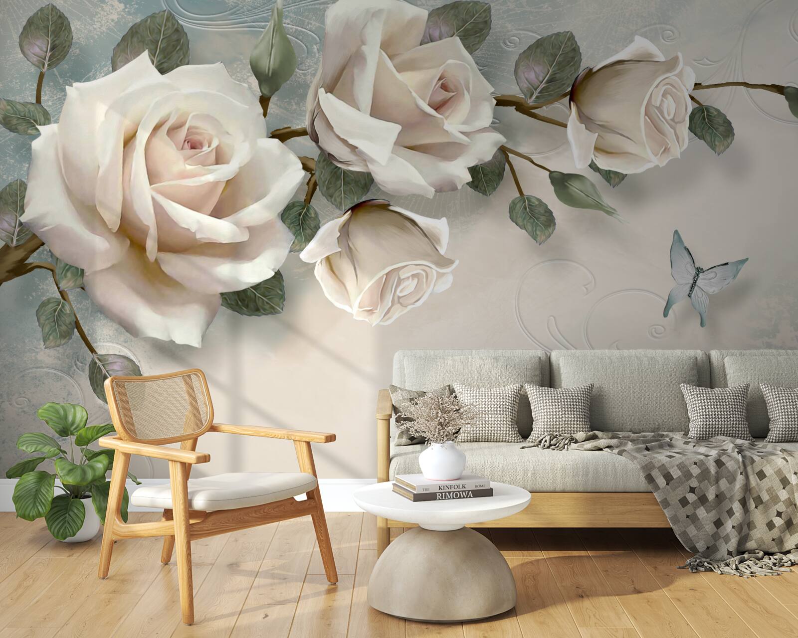 Papier peint papillons passant devant les branches d'une rose crème