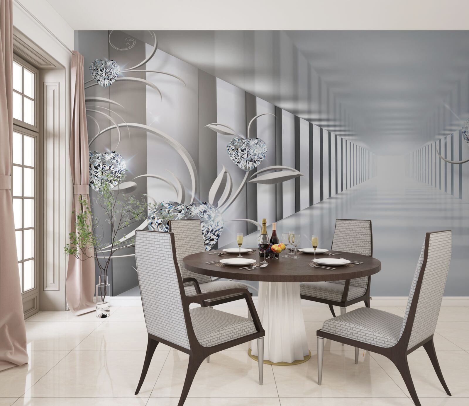 Papier peint un couloir sans fin, éclairé par des lumières vives et des décorations florales