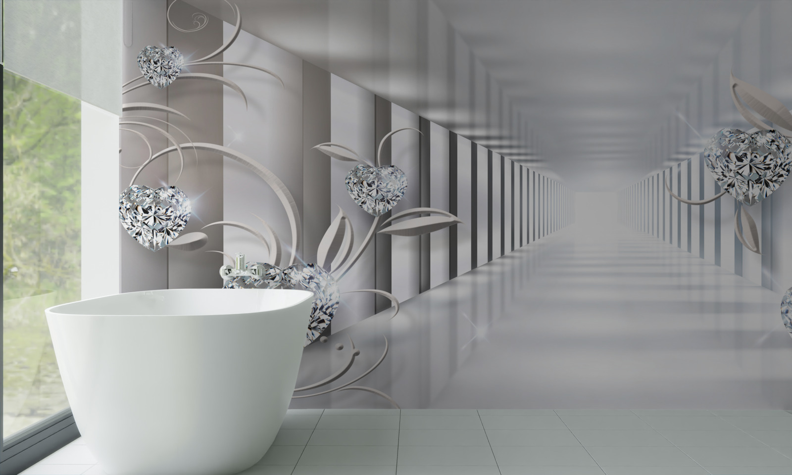 Papier peint un couloir sans fin, éclairé par des lumières vives et des décorations florales