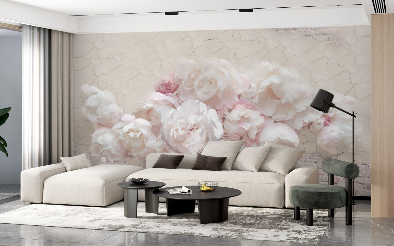 Papier peint les branches sont parsemées de boutons de fleurs blancs et roses