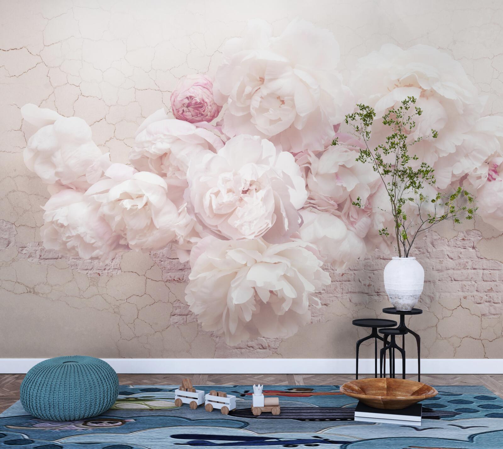 Papier peint boutiques luxuriantes avec fleurs sur fond rocheux