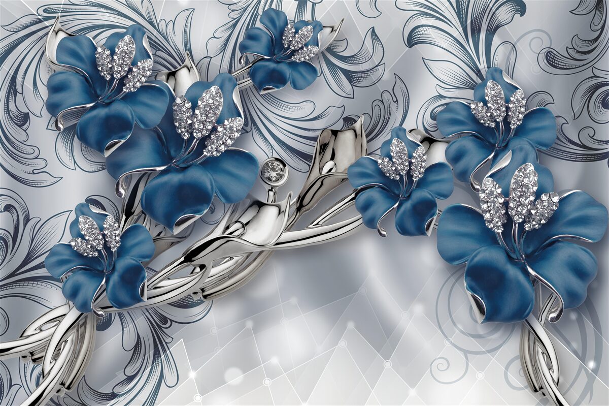 Papier peint fleurs de luxe en métal bleu décorées de pierres précieuses