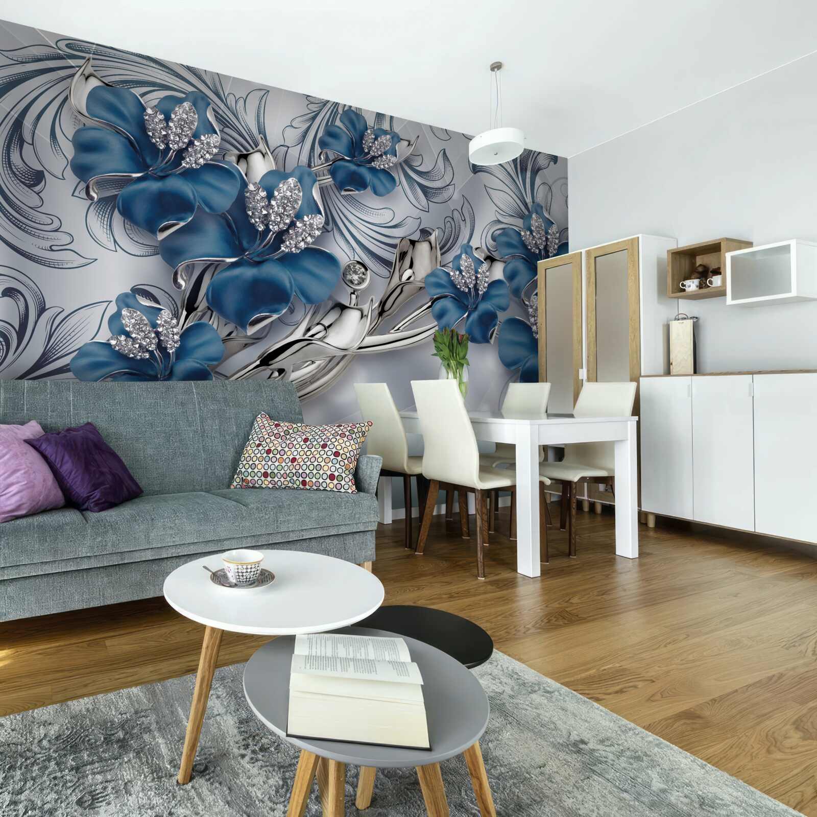 Papier peint fleurs de luxe en métal bleu décorées de pierres précieuses