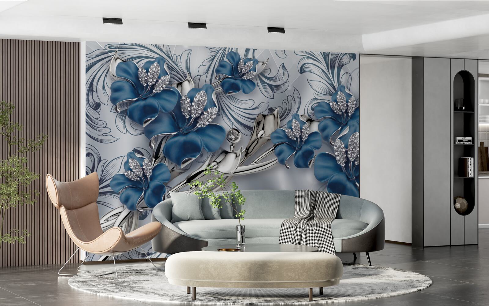 Papier peint fleurs de luxe en métal bleu décorées de pierres précieuses