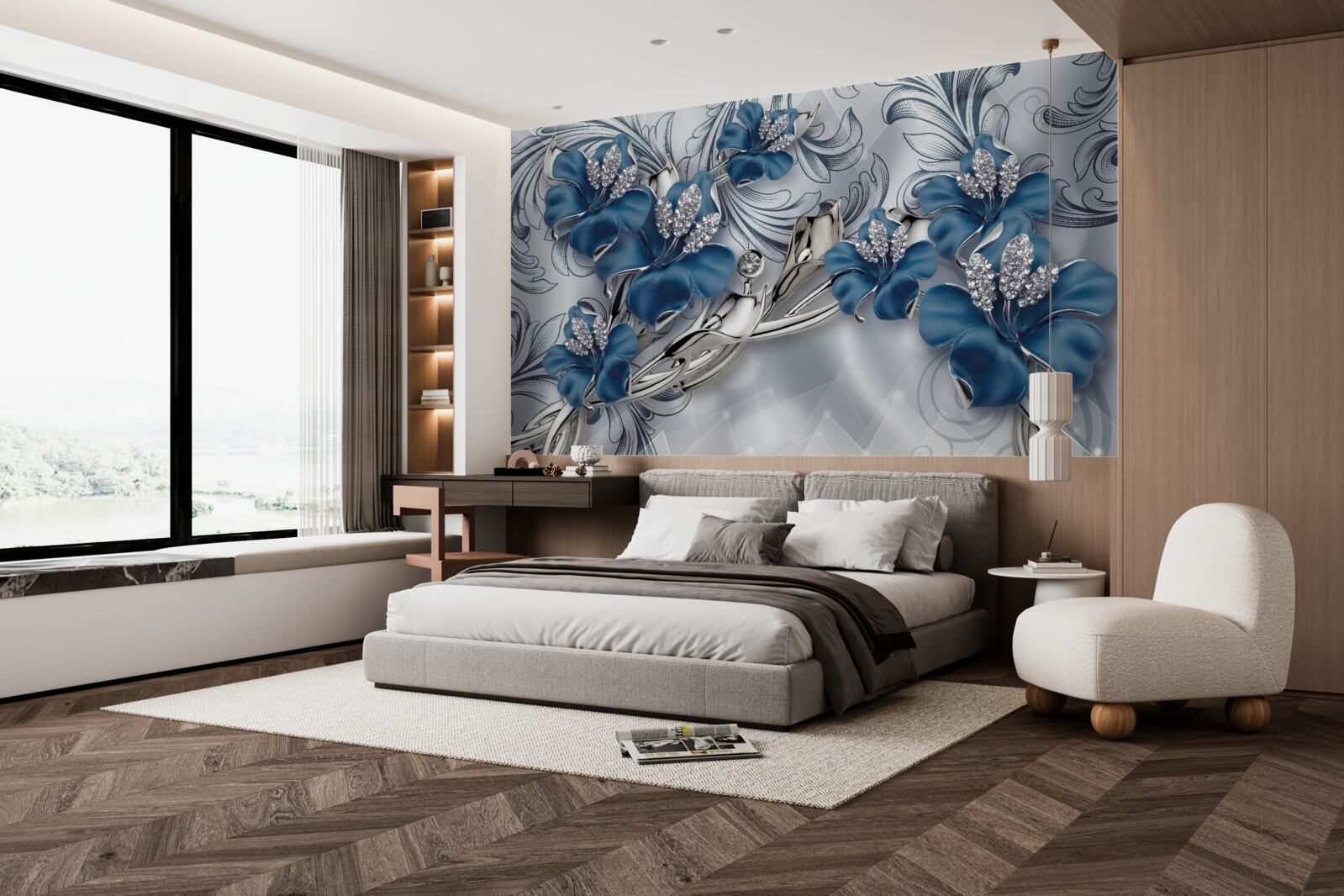 Papier peint fleurs de luxe en métal bleu décorées de pierres précieuses