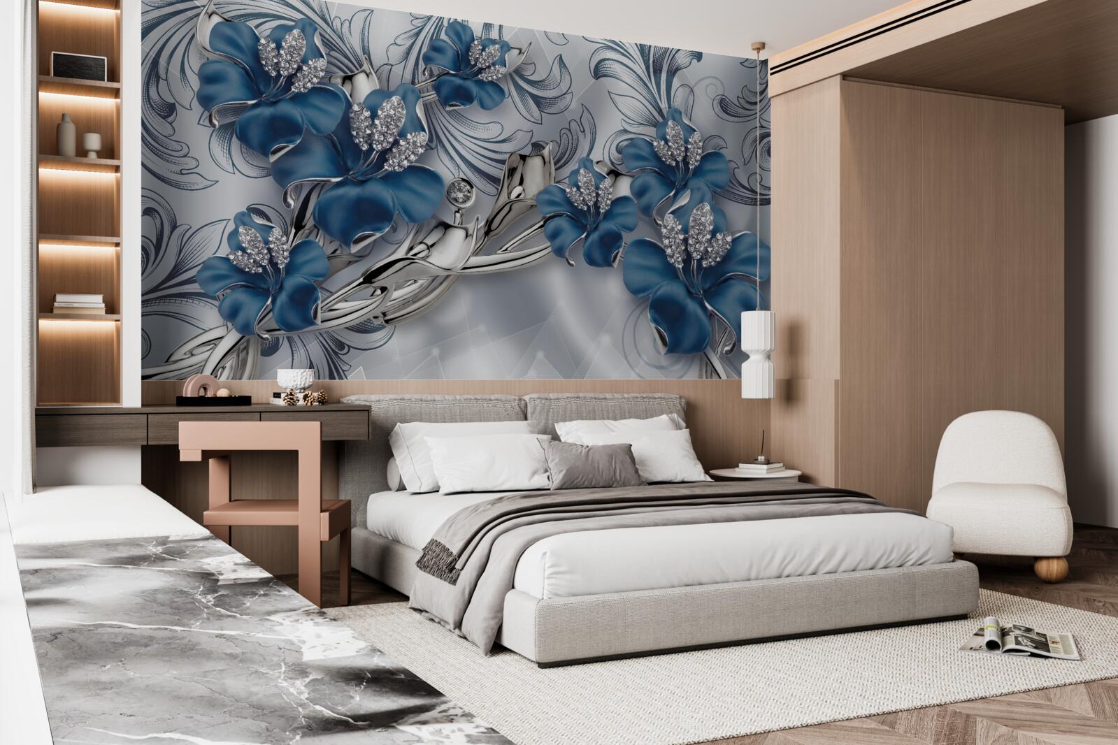 Papier peint fleurs de luxe en métal bleu décorées de pierres précieuses