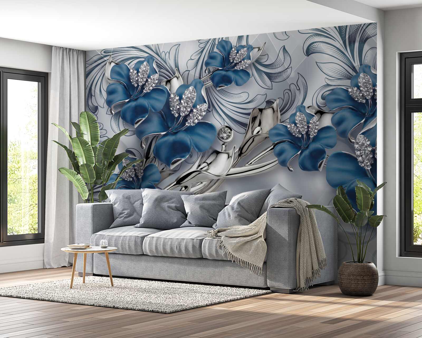 Papier peint fleurs de luxe en métal bleu décorées de pierres précieuses