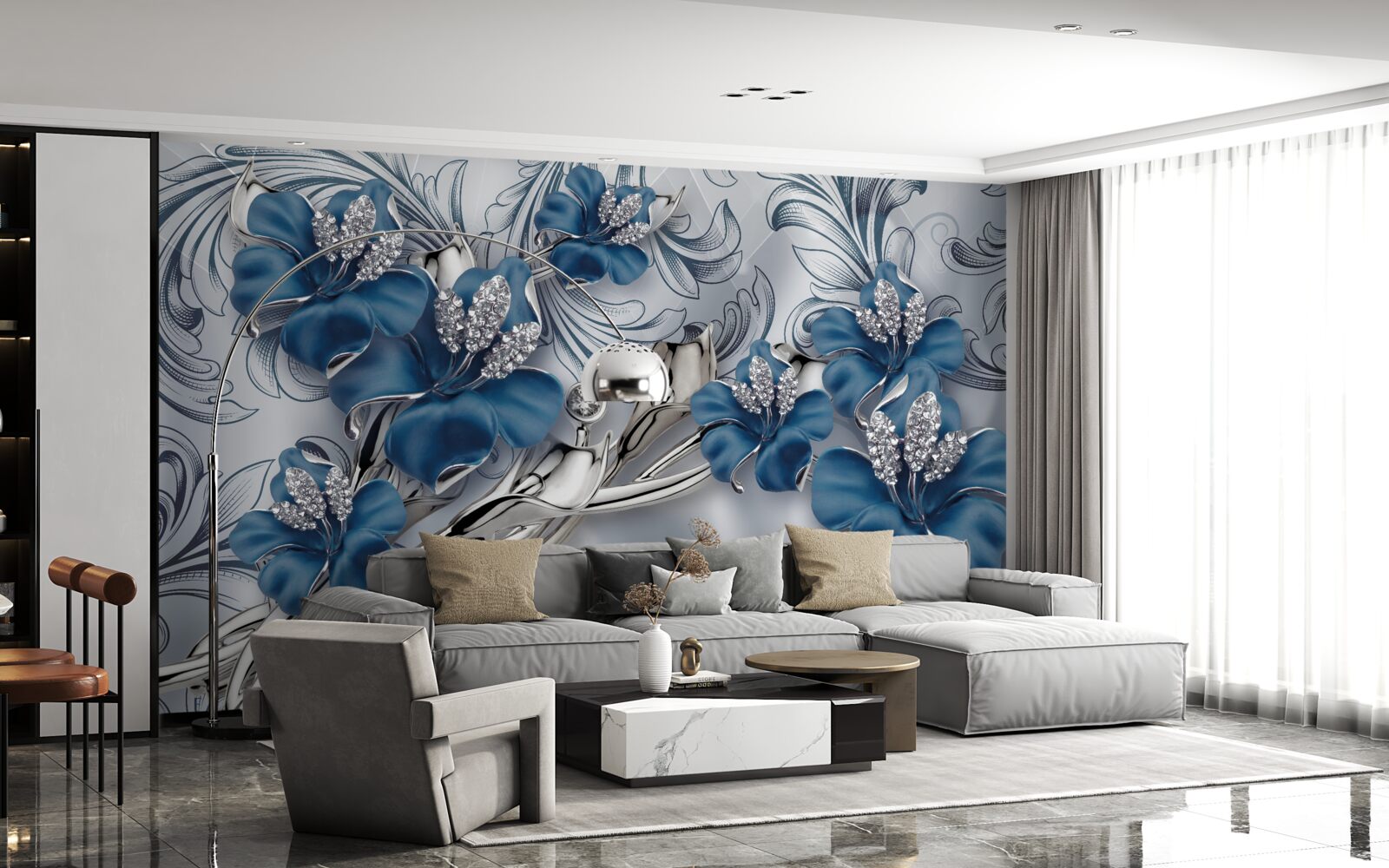 Papier peint fleurs de luxe en métal bleu décorées de pierres précieuses