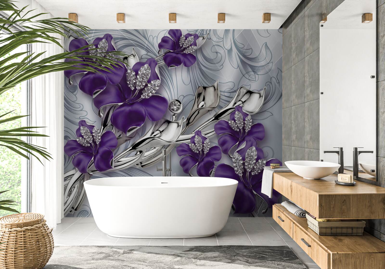 Papier peint le magnolia est pourpre parmi les pierres et l'or