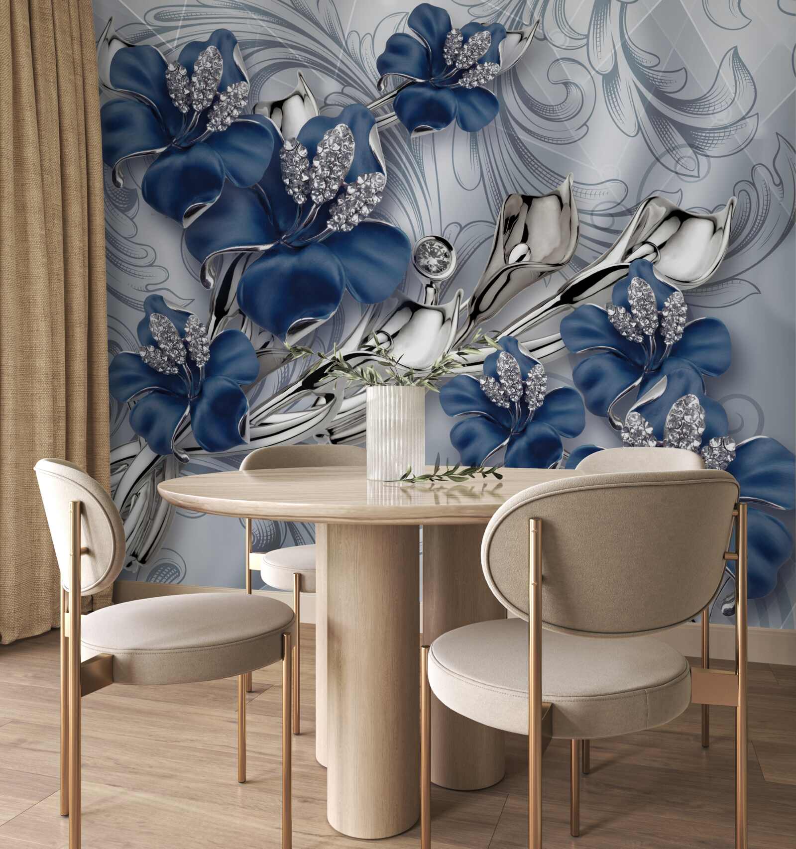 Papier peint fleurs bleues avec branches dorées et éléments en pierre