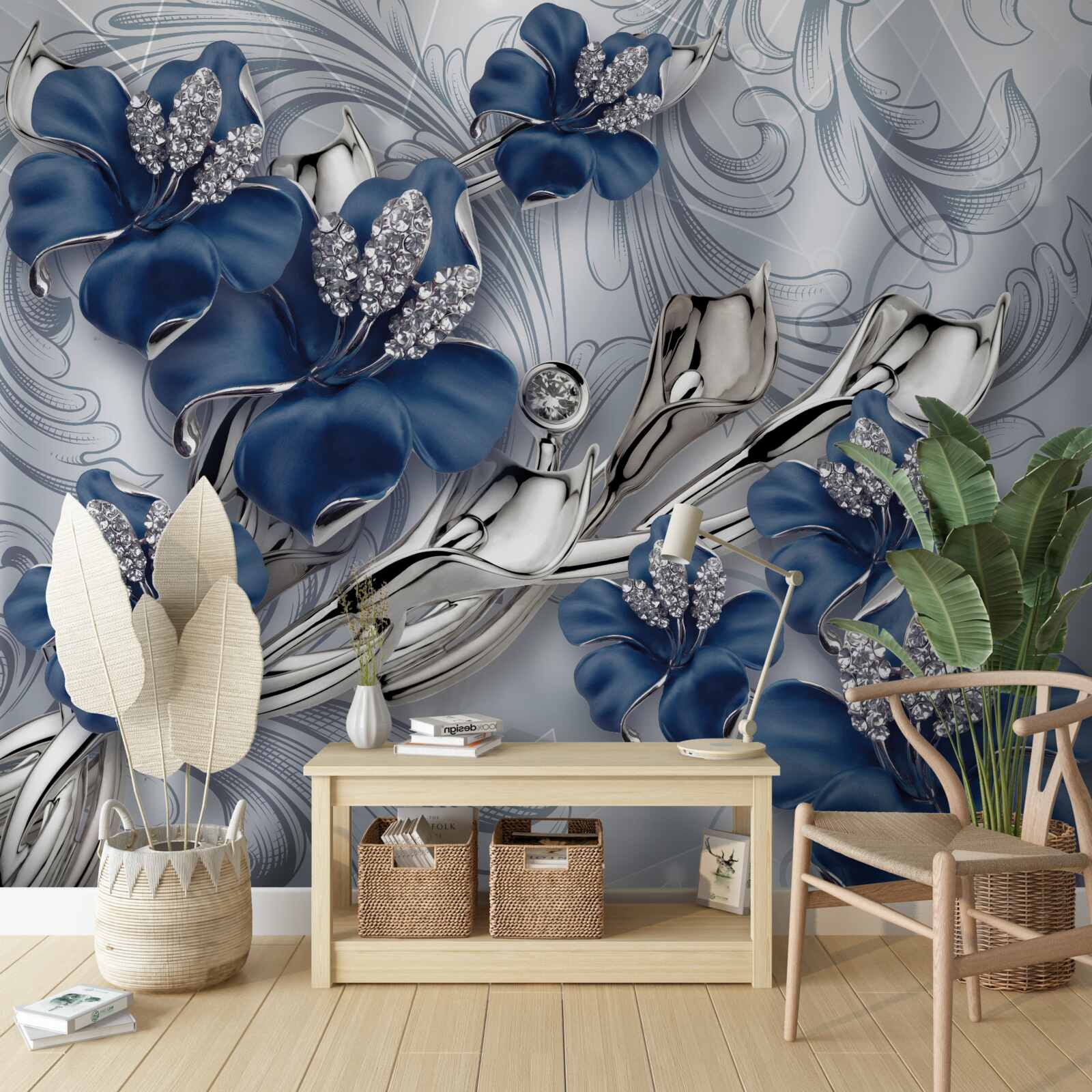 Papier peint fleurs bleues avec branches dorées et éléments en pierre