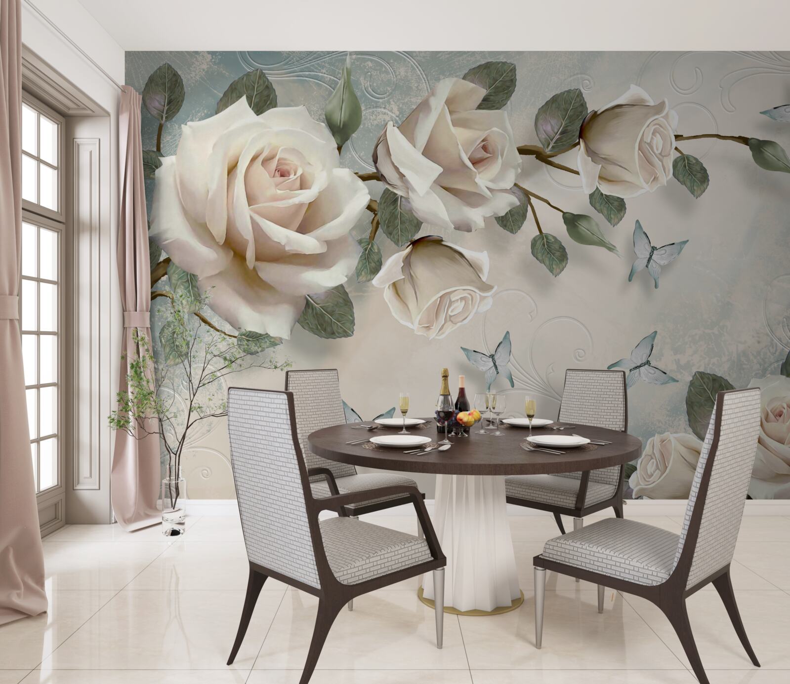 Papier peint les roses crème s'épanouissent sous les papillons qui planent