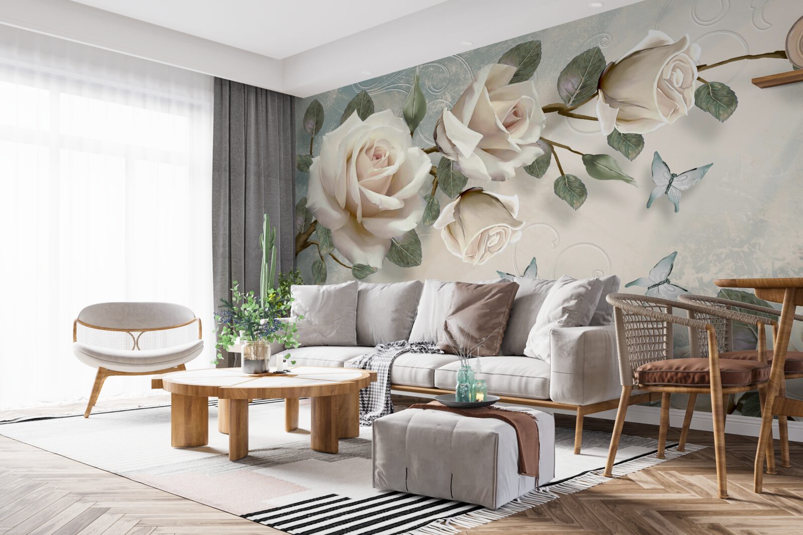 Papier peint les roses crème s'épanouissent sous les papillons qui planent