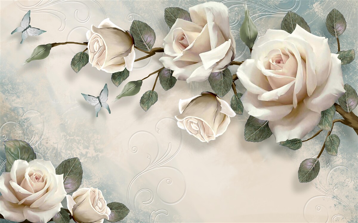 Papier peint les papillons et les roses bourgeonnent