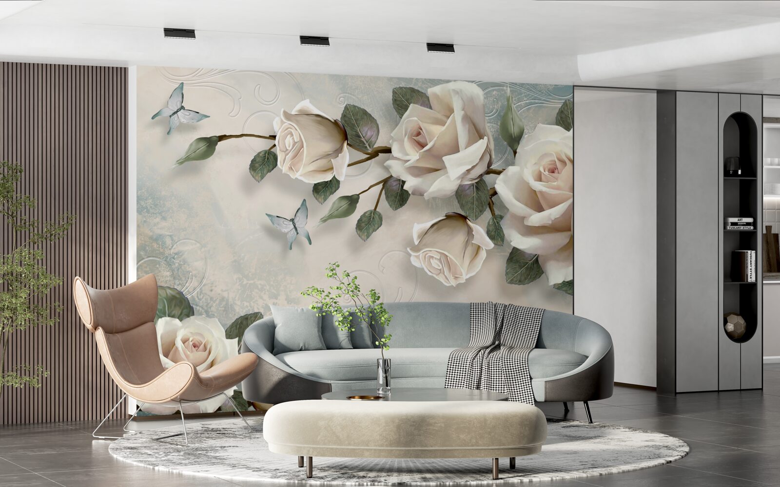 Papier peint les papillons et les roses bourgeonnent