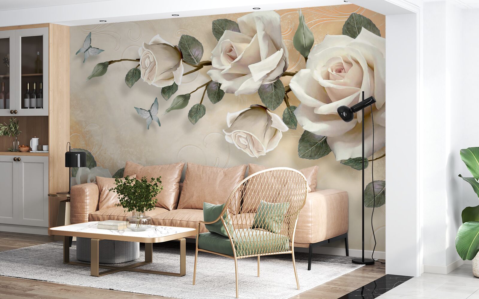 Papier peint papillons et une branche de rose blanche sur un buisson