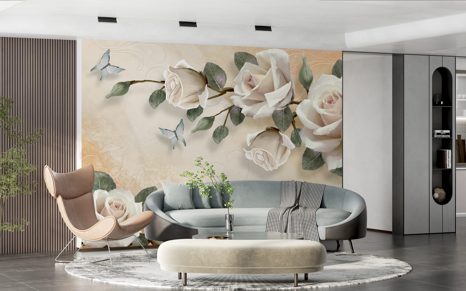 Papier peint papillons et une branche de rose blanche sur un buisson
