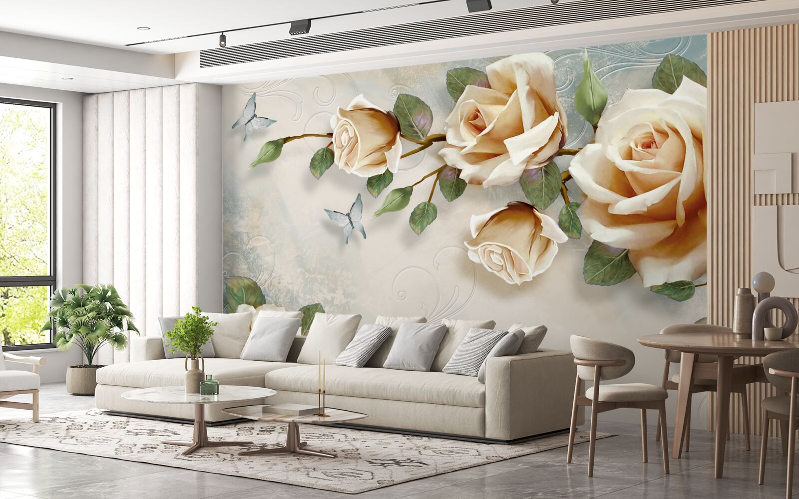 Papier peint roses douces dans des tons crémeux