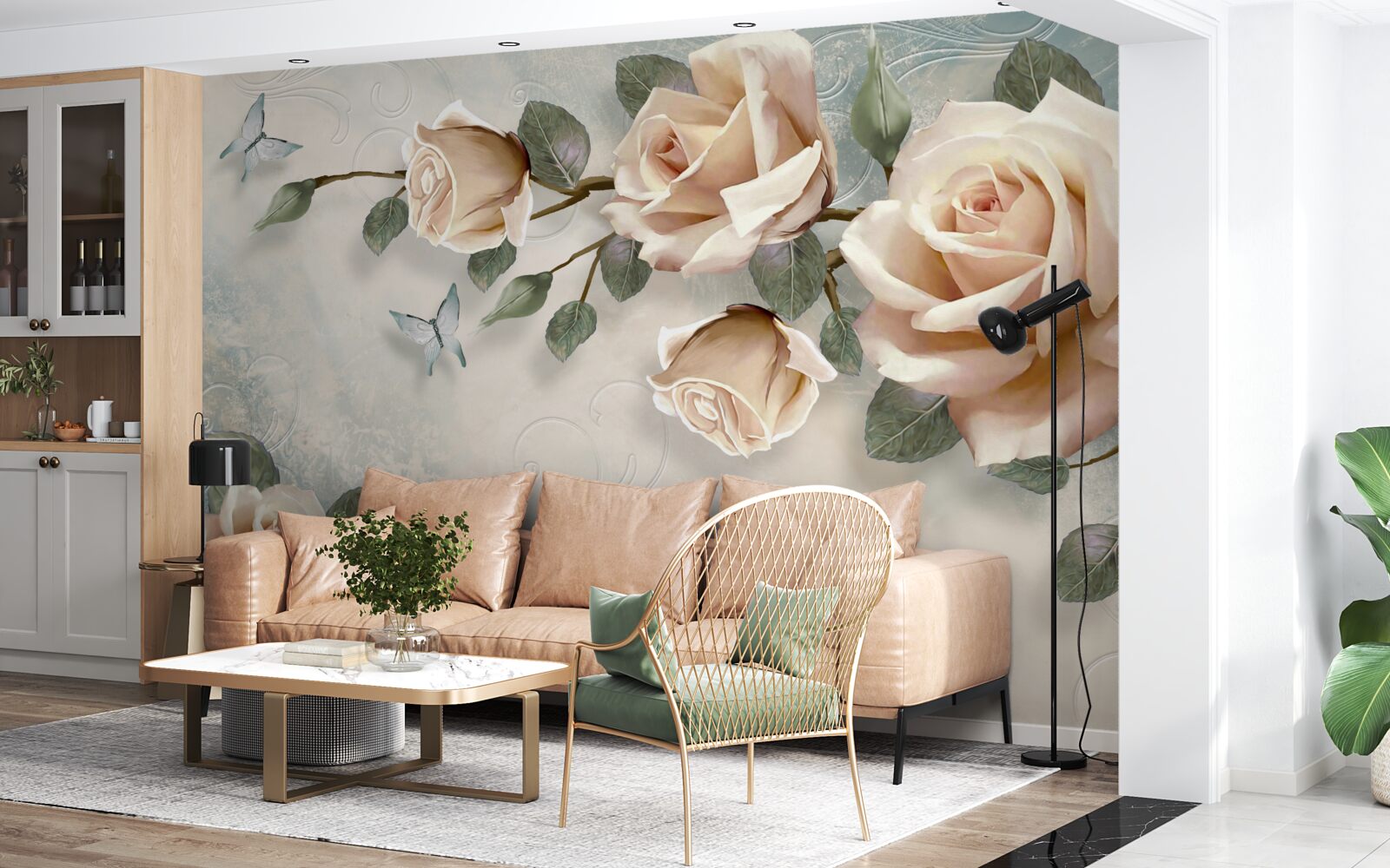 Papier peint rose pêche et papillons blancs passent à proximité