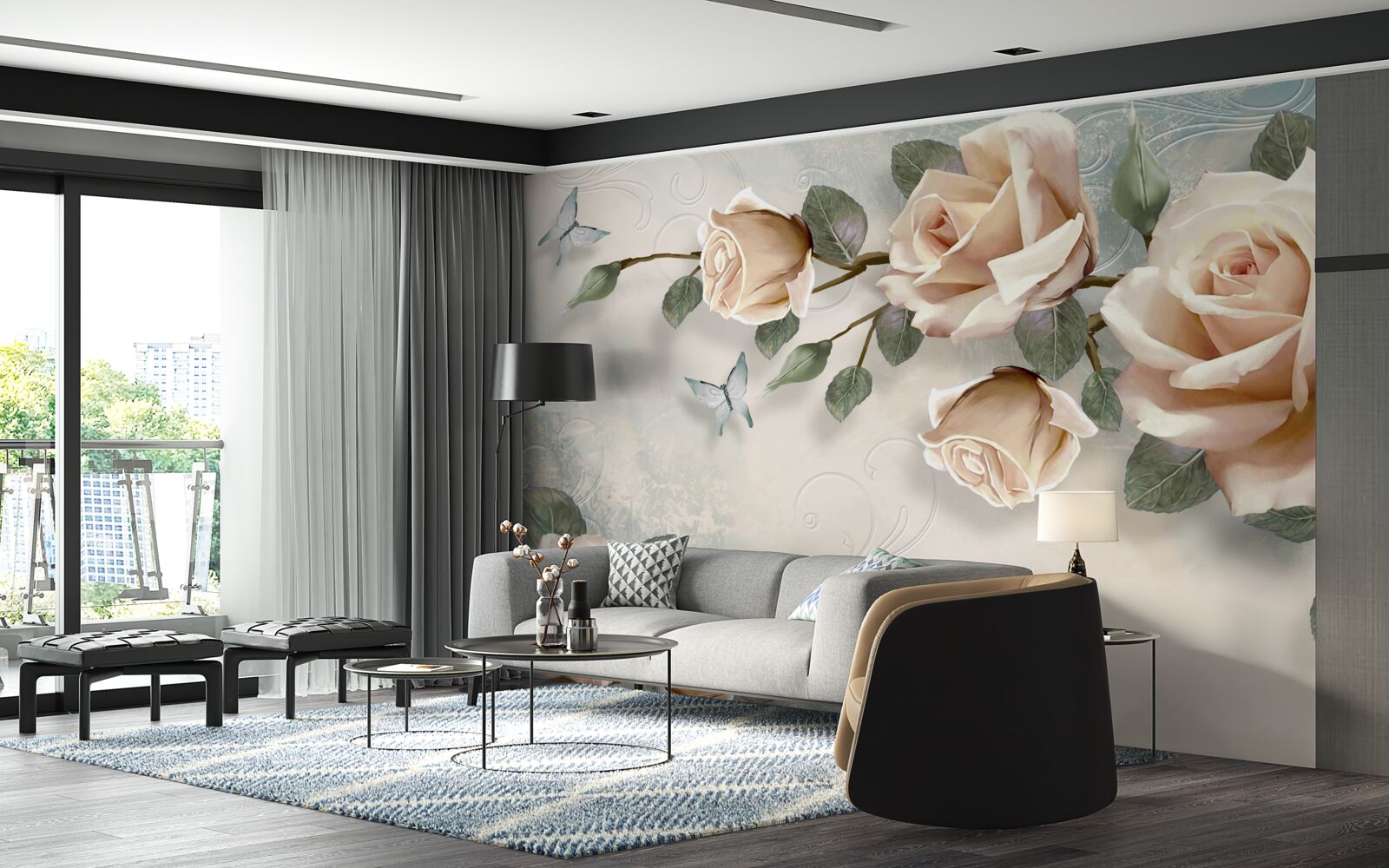 Papier peint rose pêche et papillons blancs passent à proximité