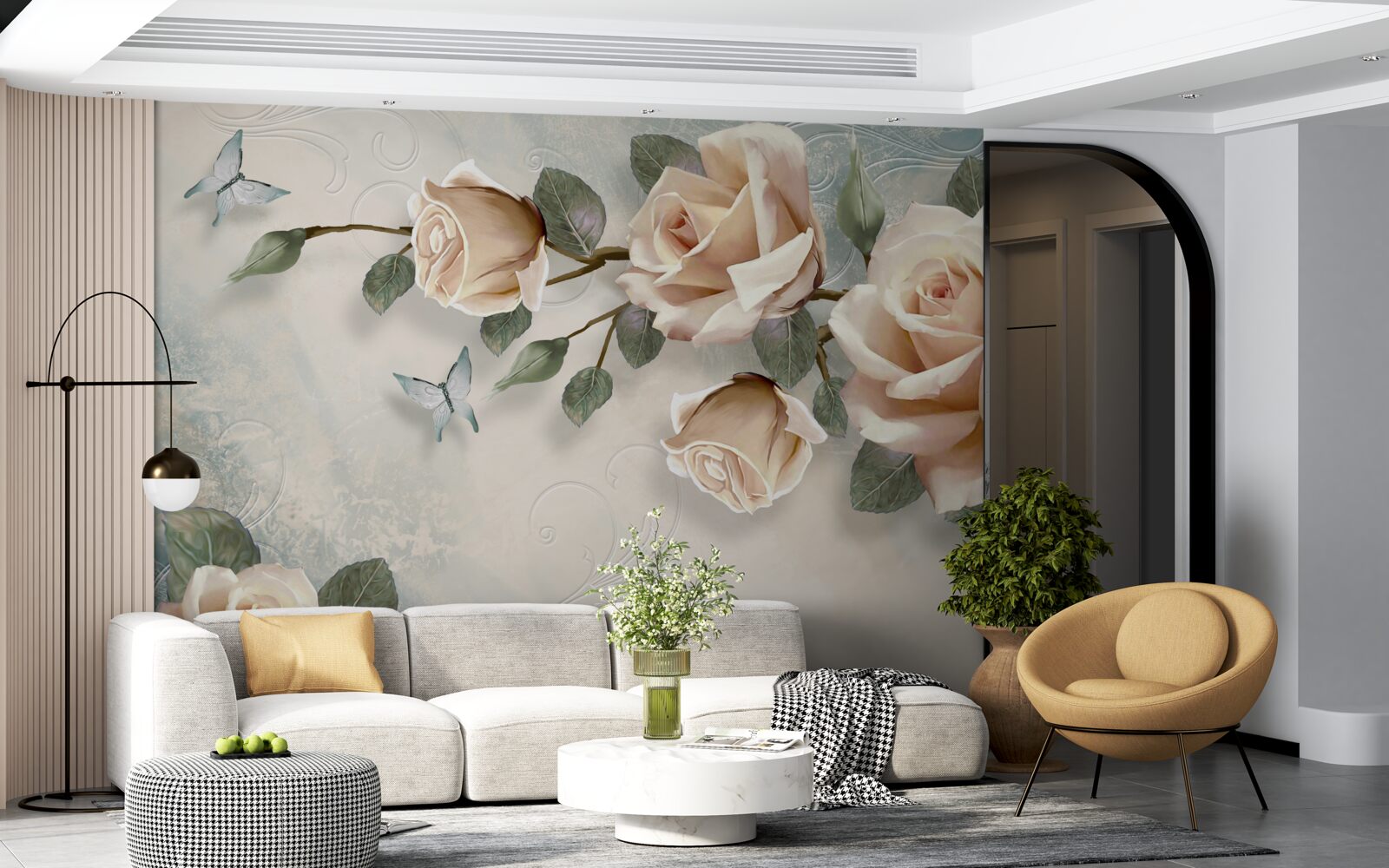 Papier peint rose pêche et papillons blancs passent à proximité