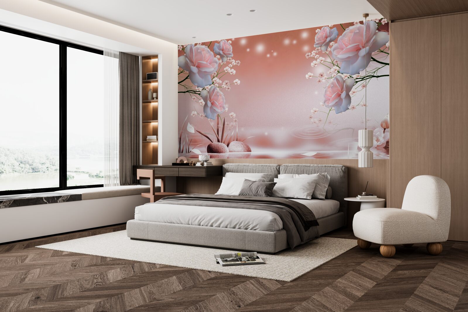 Papier peint des roses blanches et roses flottent doucement au-dessus de l'eau