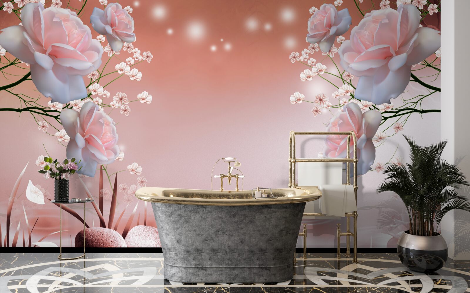 Papier peint des roses blanches et roses flottent doucement au-dessus de l'eau