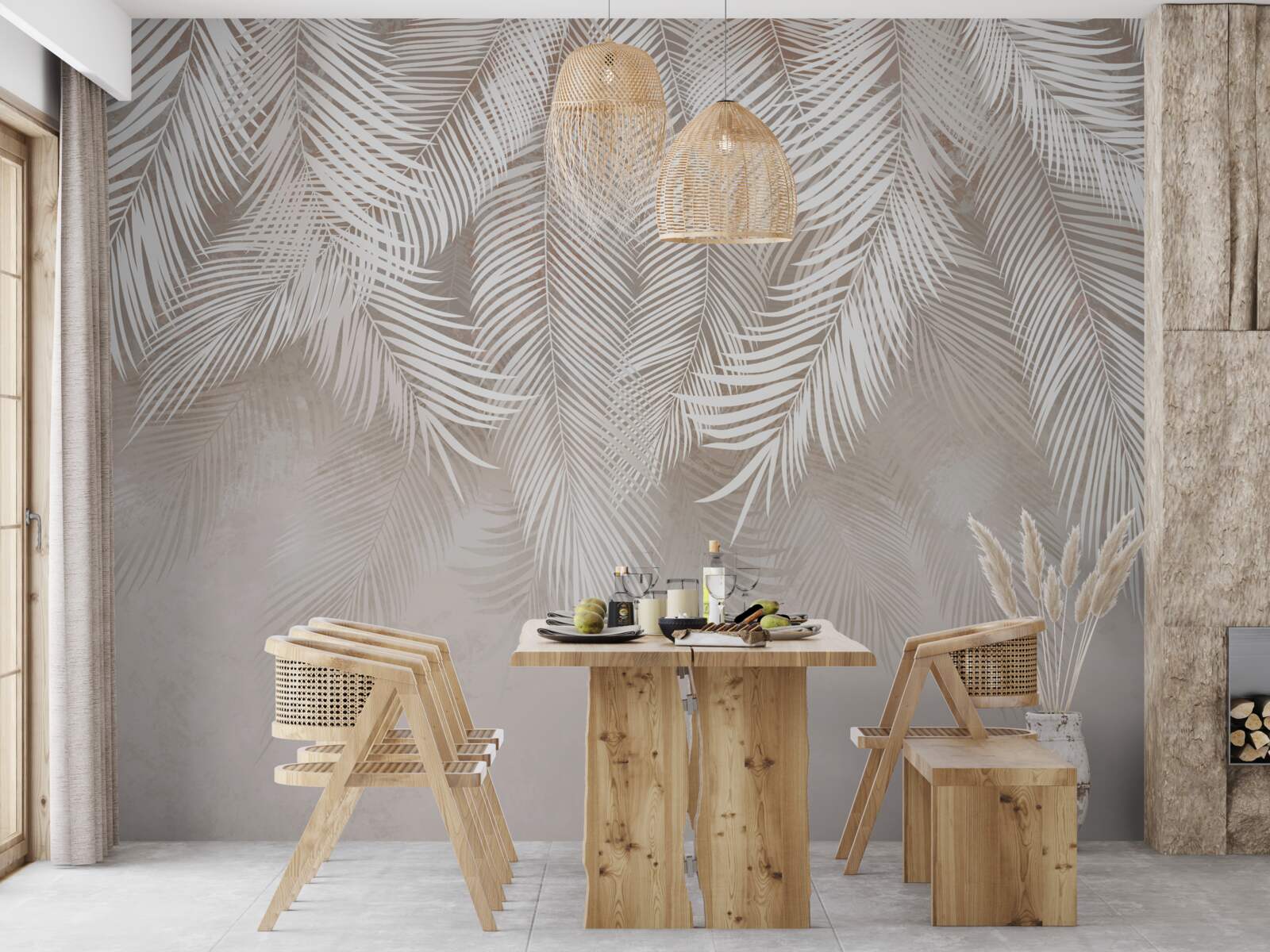 Papier peint feuilles lumineuses sur fond crème