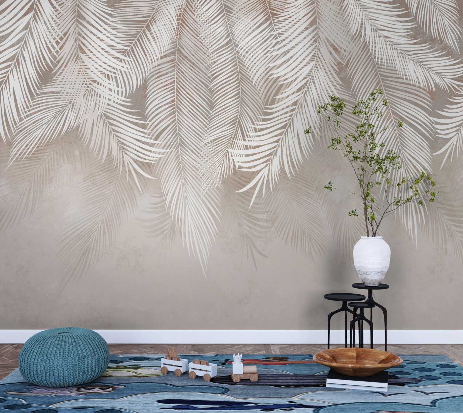Papier peint feuilles lumineuses sur fond crème