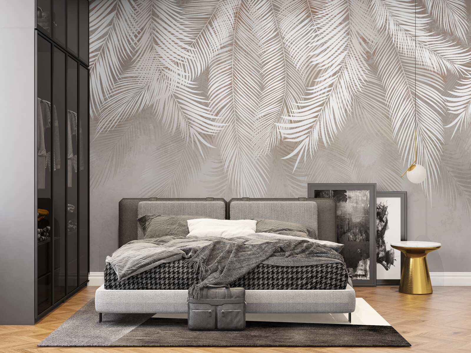 Papier peint feuilles lumineuses sur fond crème