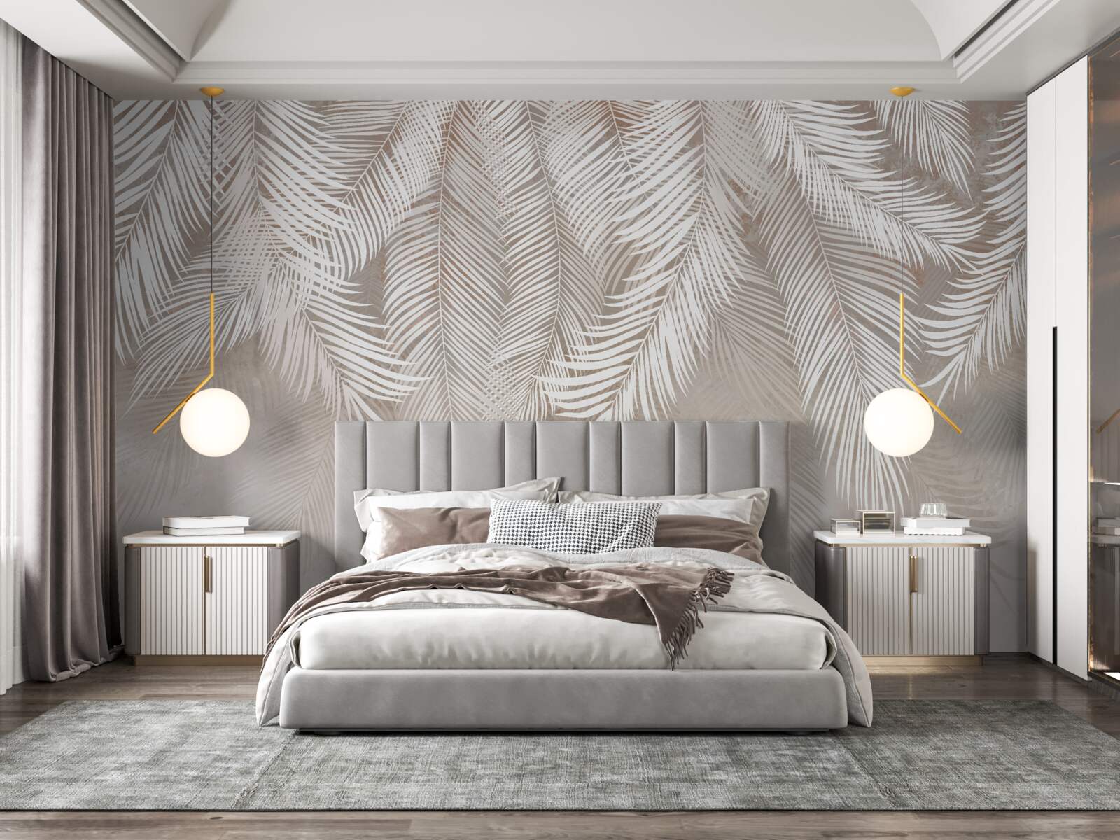 Papier peint feuilles lumineuses sur fond crème
