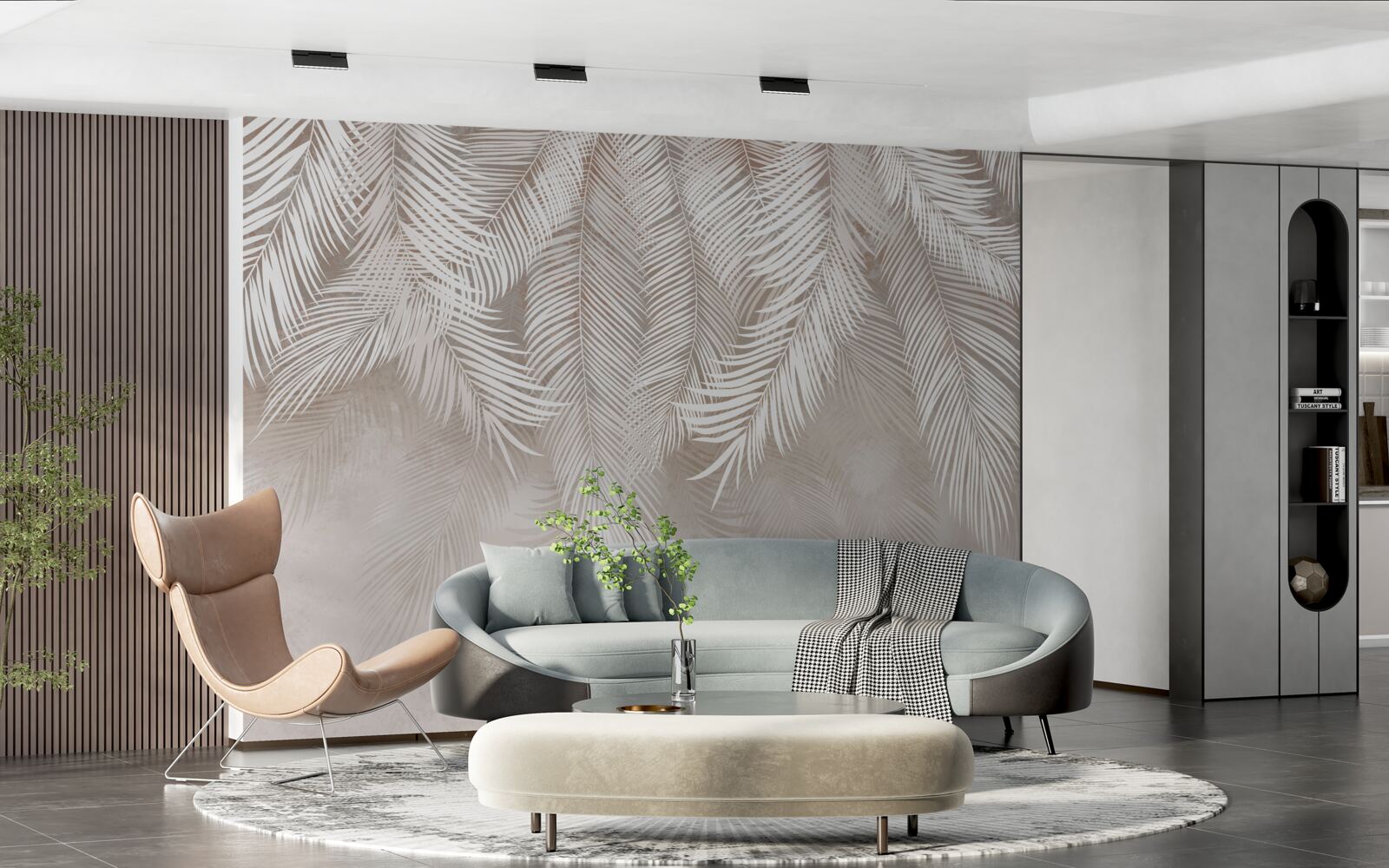 Papier peint feuilles lumineuses sur fond crème