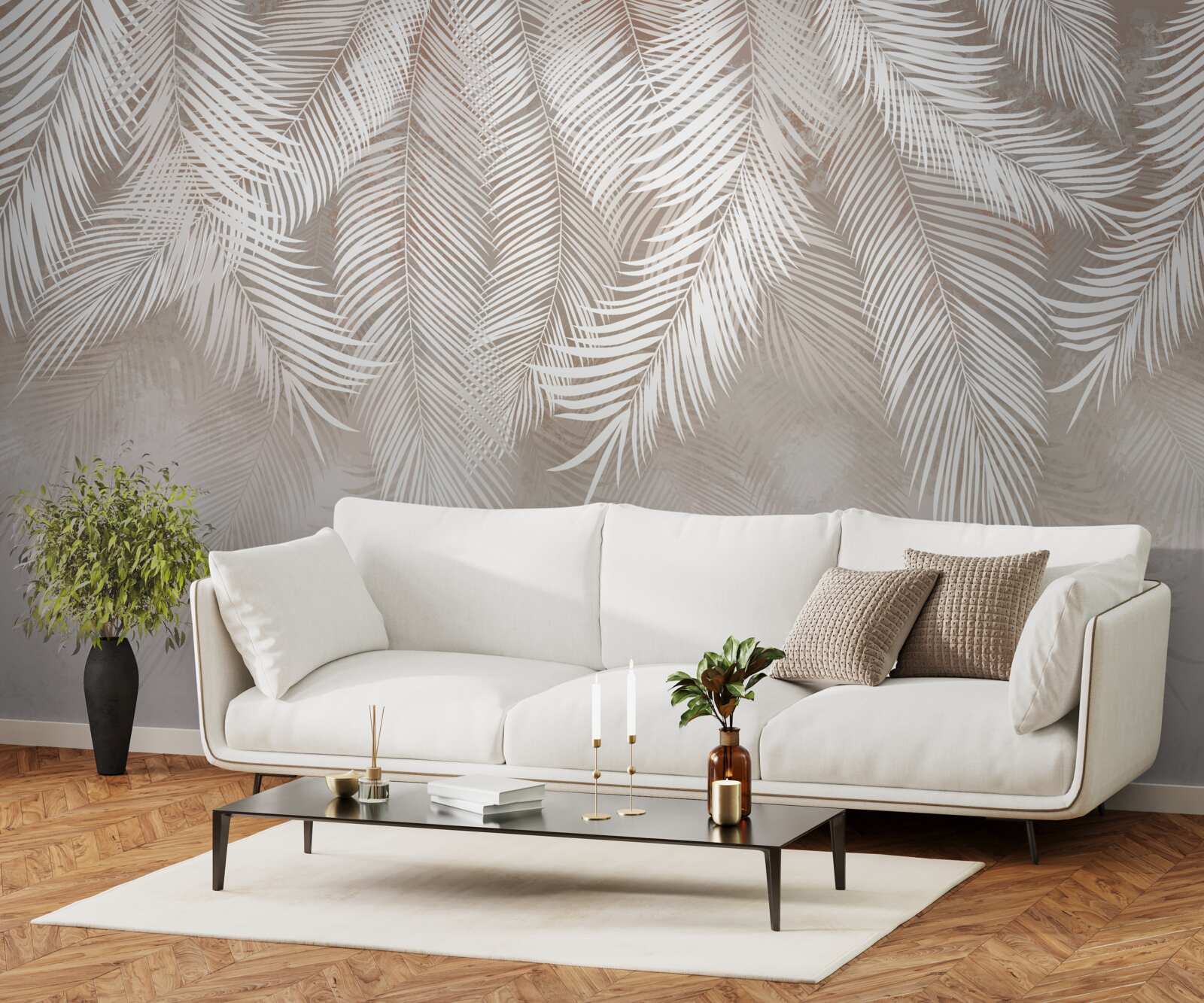Papier peint feuilles lumineuses sur fond crème