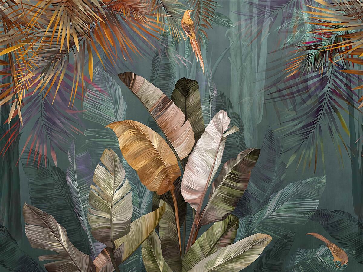 Papier peint sous les tropiques, les feuilles pèsent autant que de fines plumes