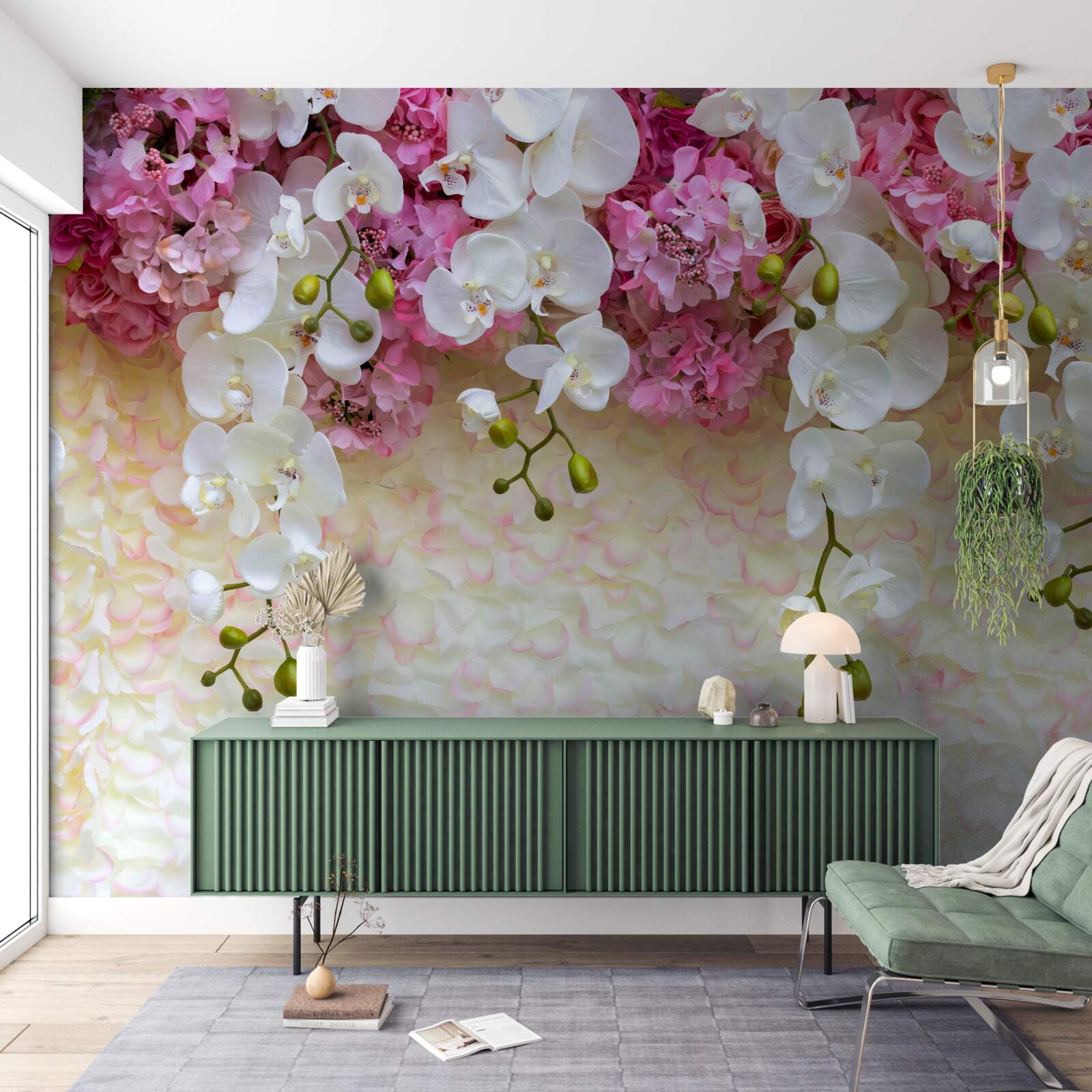 Papier peint l'orchidée est blanche et fleurit vers le bas