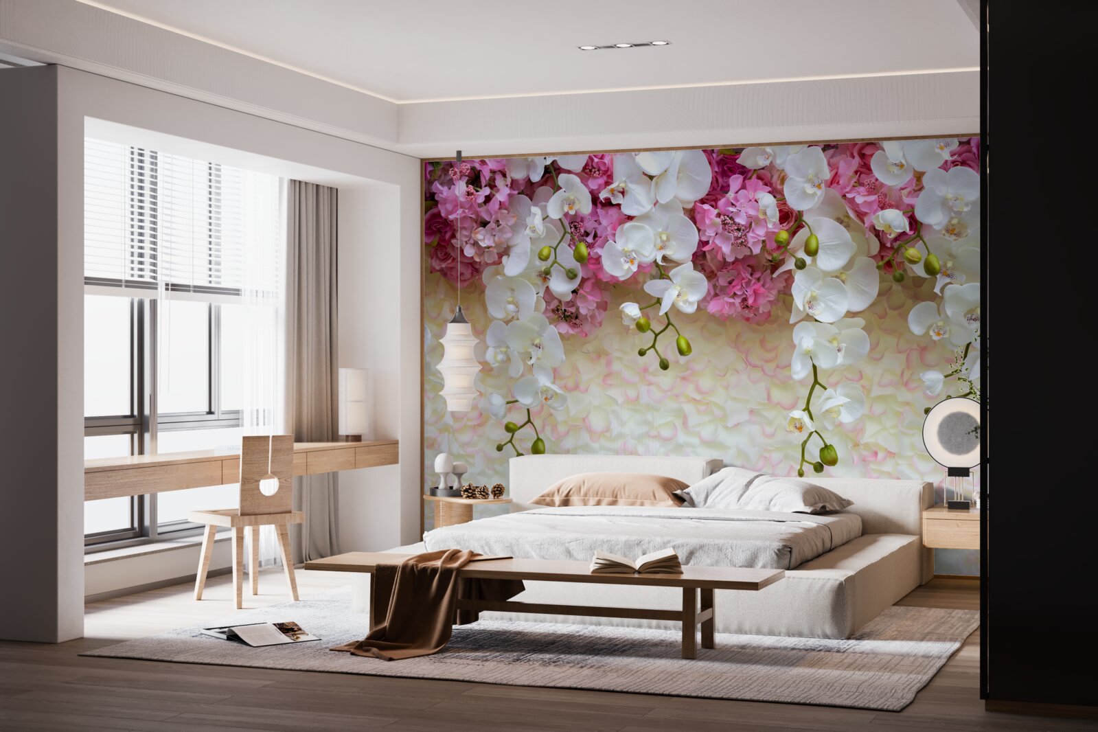 Papier peint l'orchidée est blanche et fleurit vers le bas