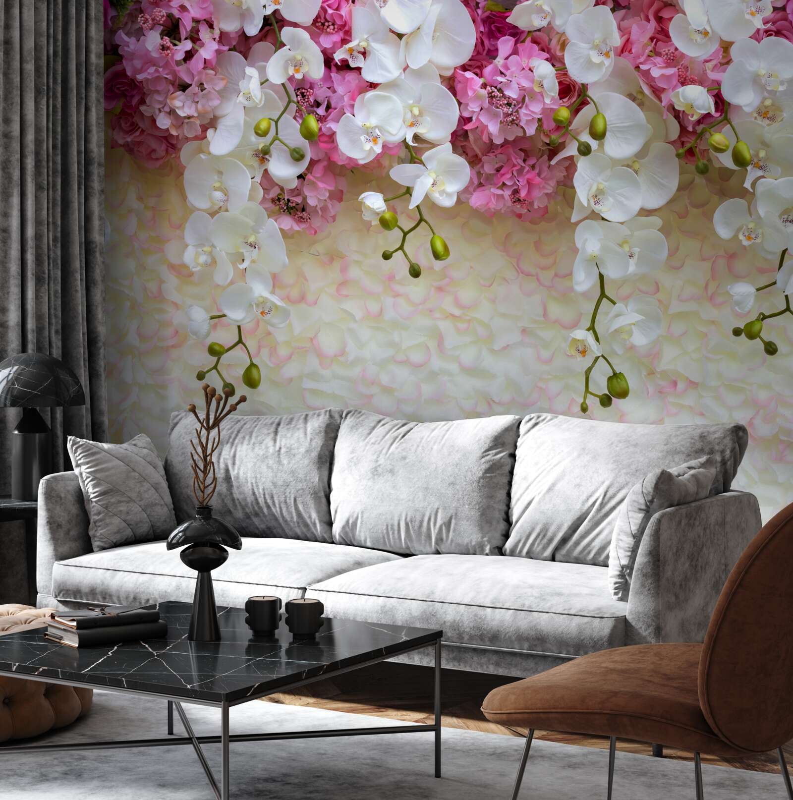 Papier peint l'orchidée est blanche et fleurit vers le bas