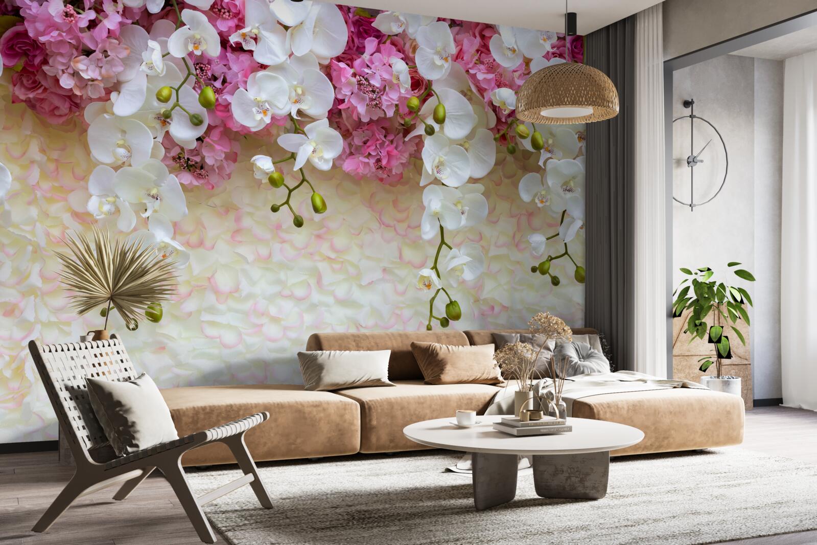 Papier peint l'orchidée est blanche et fleurit vers le bas