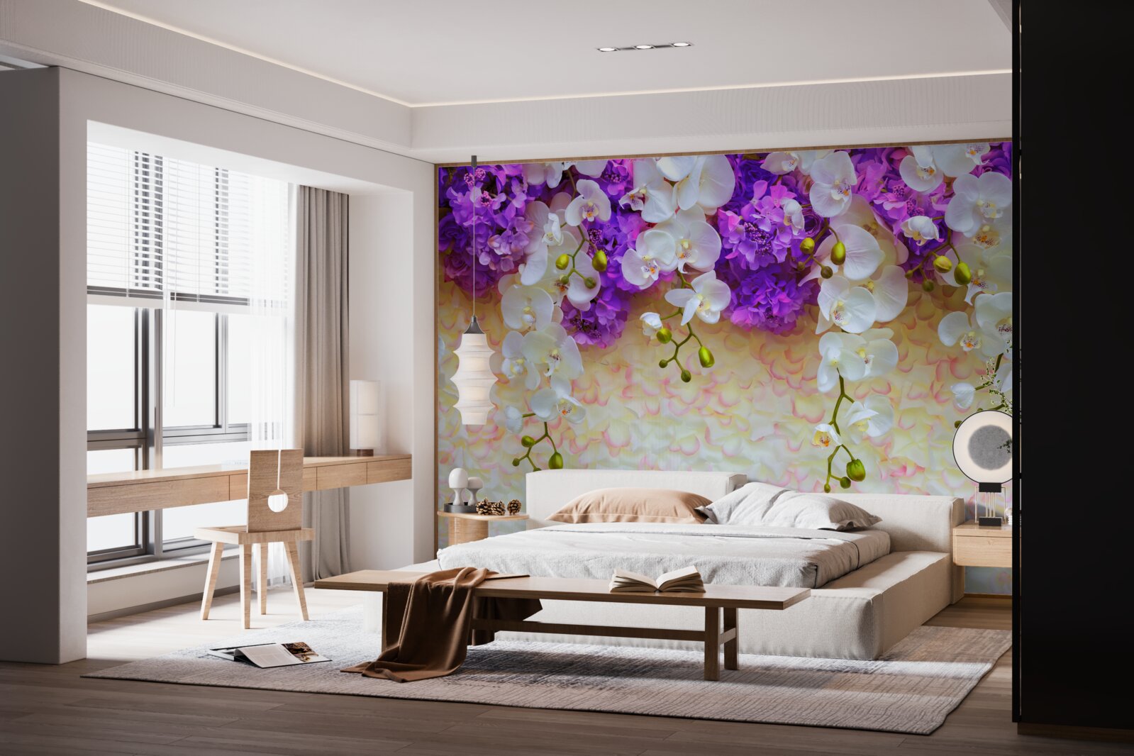 Papier peint Orchidées blanches et fleurs de lilas