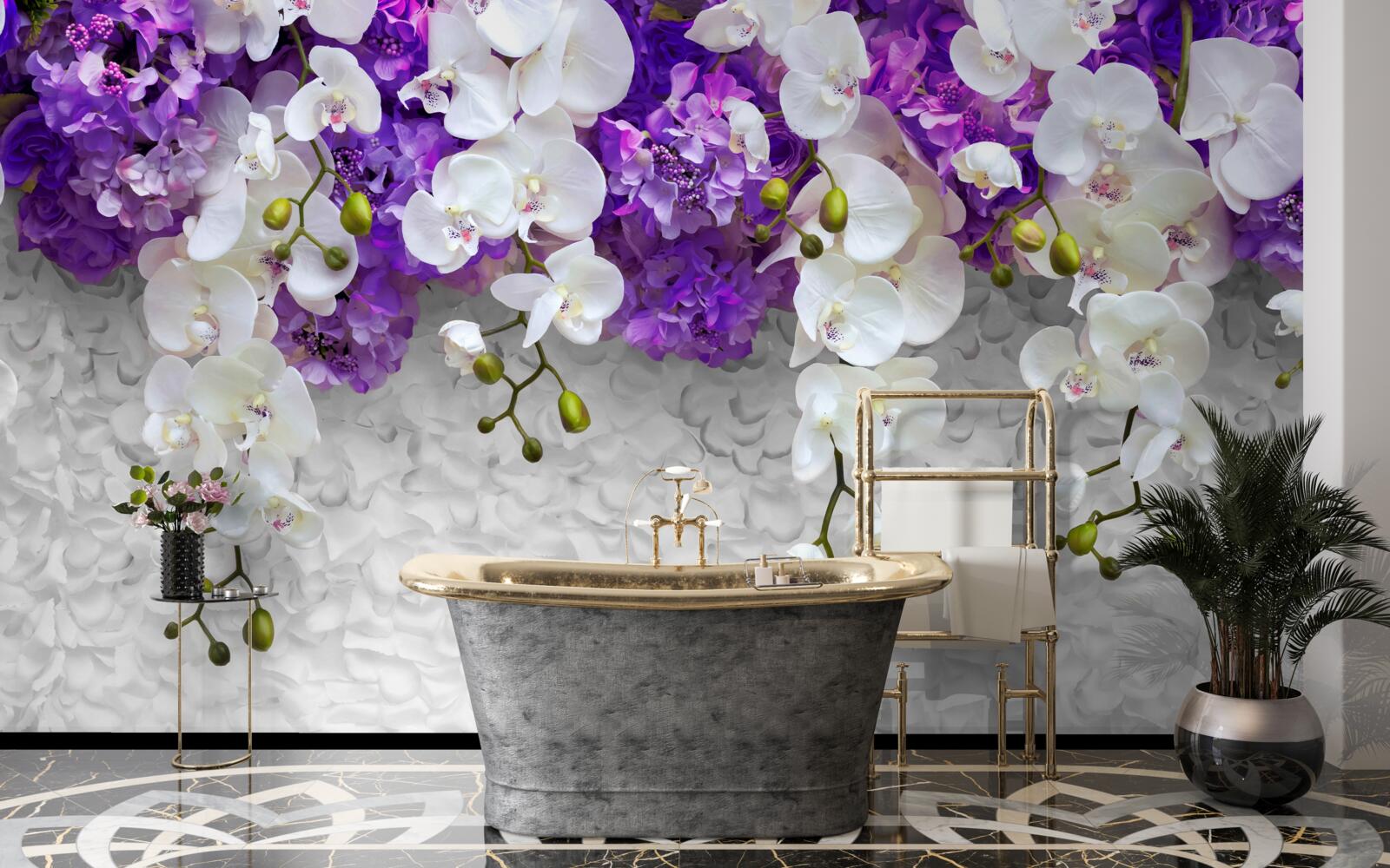 Papier peint barrière de plantes violettes et orchidée blanche