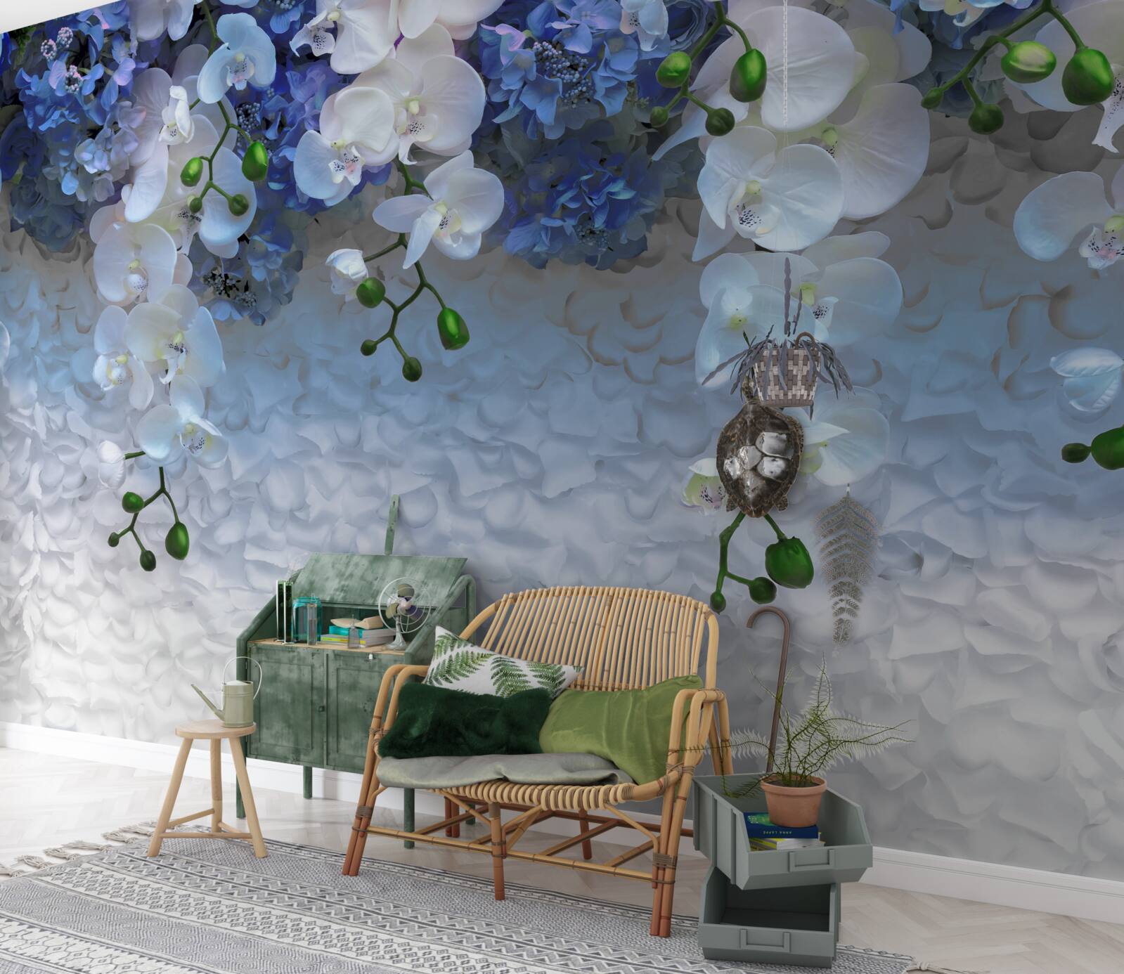 Papier peint fleurs bleues et blanches tombantes