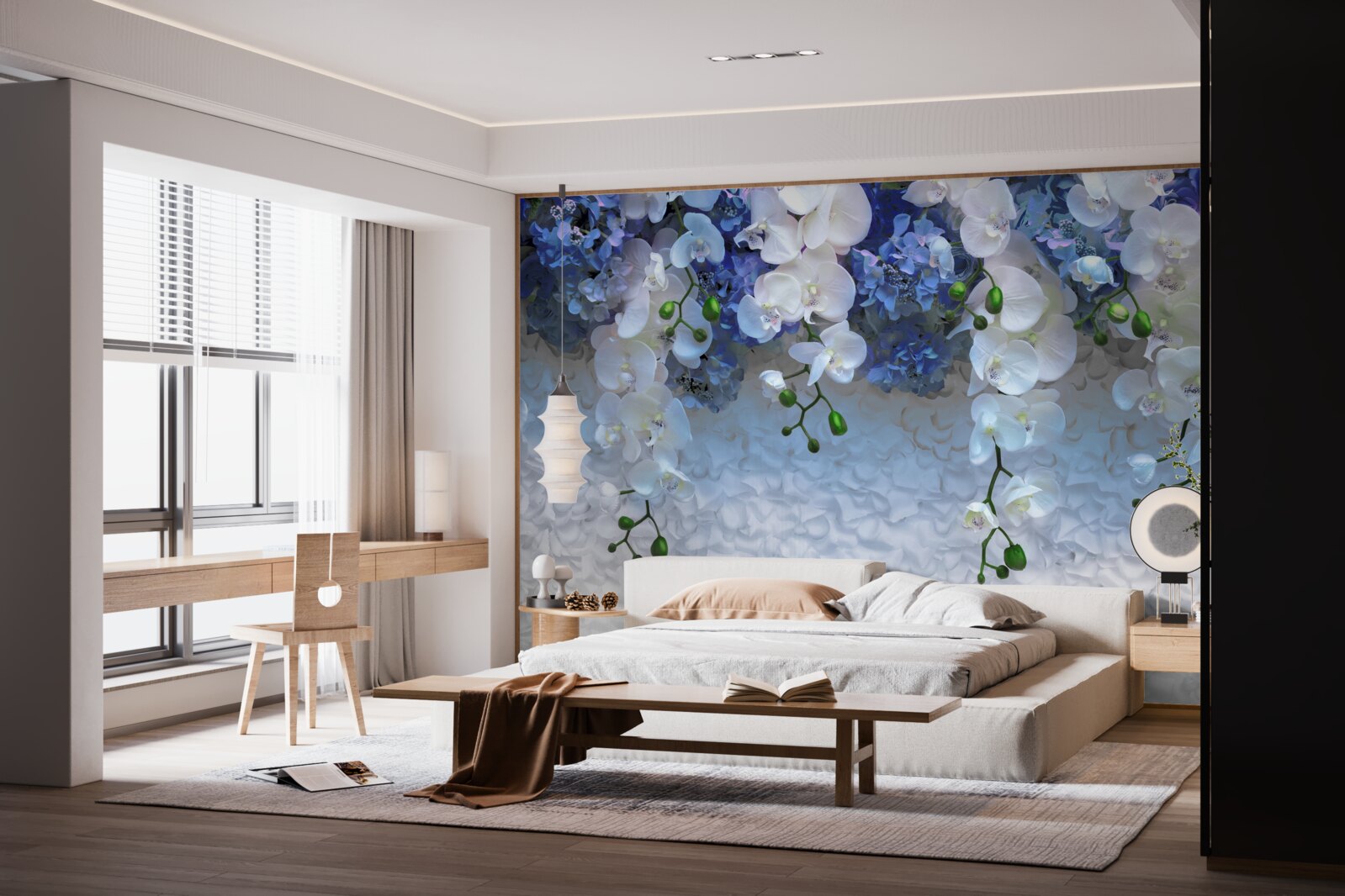 Papier peint fleurs bleues et blanches tombantes