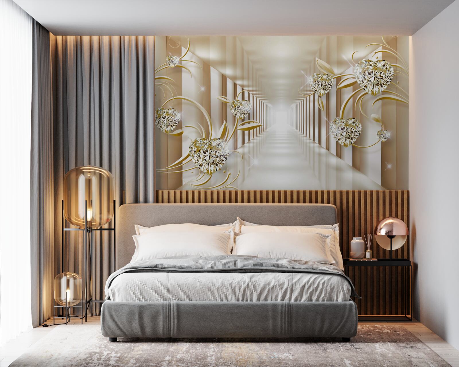 Papier peint couloir avec décorations dorées et colonnes abstraites