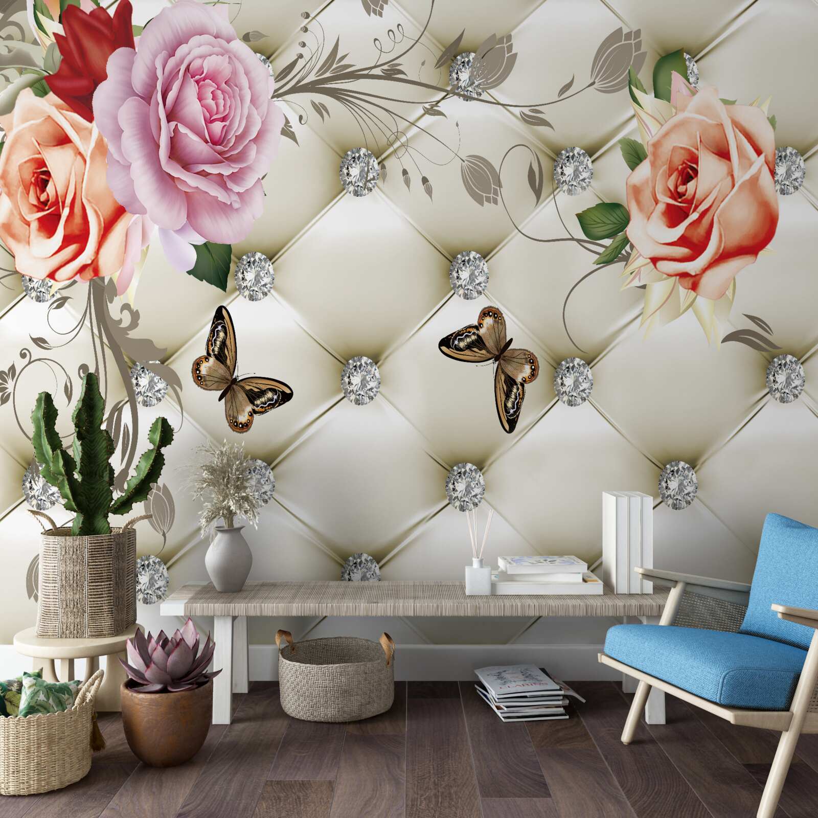 Papier peint décoration en tissu en forme de papillons et de roses