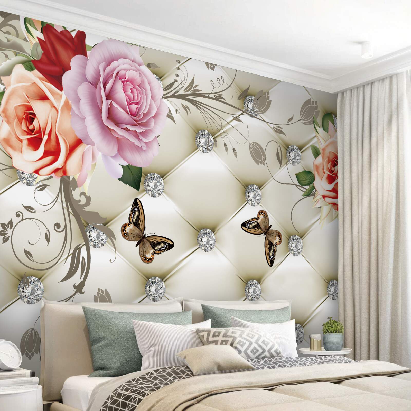 Papier peint décoration en tissu en forme de papillons et de roses